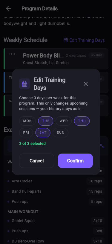 Edit Training Days dialog with Tuesday, Thursday and Saturday selected, 3 of 3, noting only upcoming sessions change