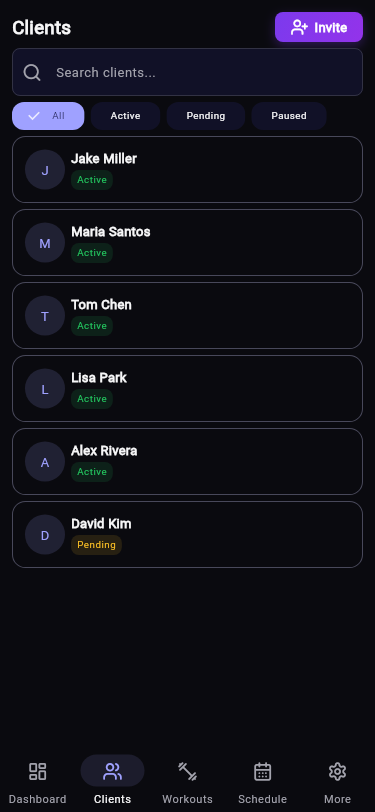 RiseRally Trainer Dashboard showing active clients, sessions, and ACWR alerts