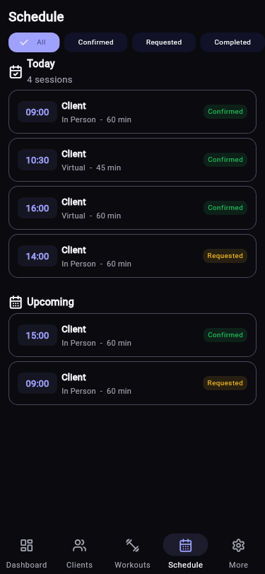RiseRally Trainer Sessions showing today's scheduled sessions