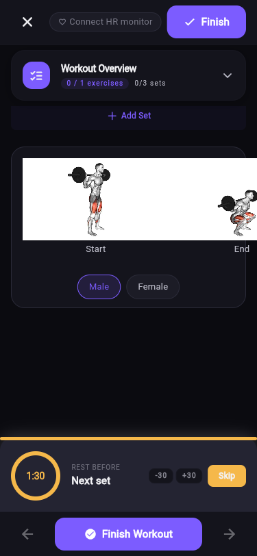 Exercise demo with start and end positions during a workout