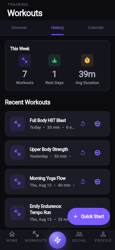 Workout history with this week's summary of seven workouts, one rest day and a 39-minute average, above recent sessions